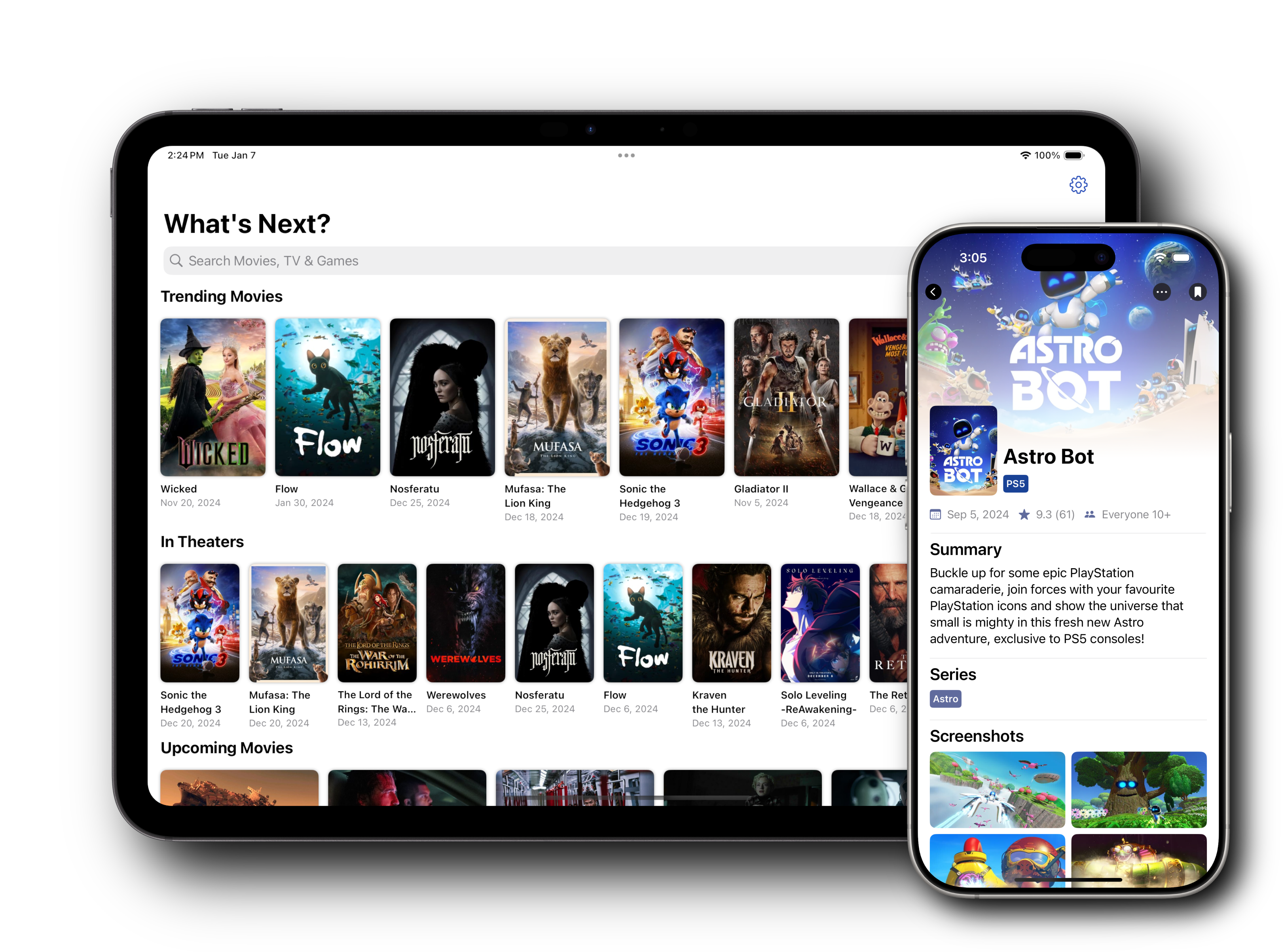 A collage of What's Next app running on an iPhone and an iPad.